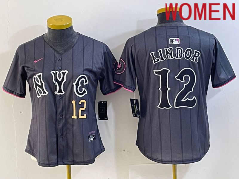 Women New York Mets #12 Lindor Black City Edition 2024 Nike MLB Jersey style 3